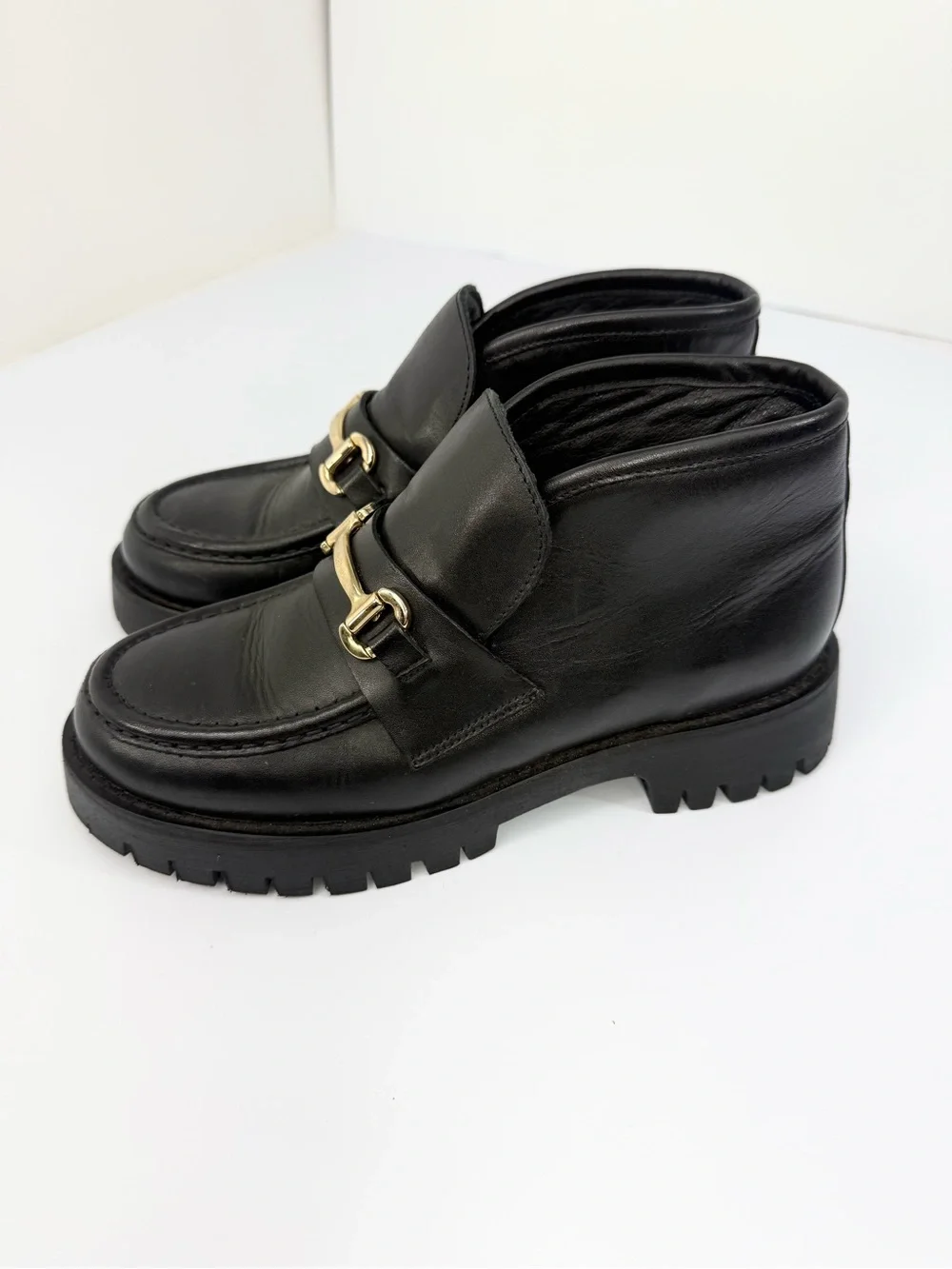 Steve Madden LEON Black Leather Horse bit Toe Chunky Platform Lug Sole Loafers